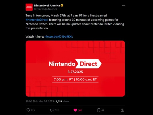 Zapowiedź Nintendo Direct 27 marca X (źródło obrazu: zrzut ekranu, konto Nintendo of America X)