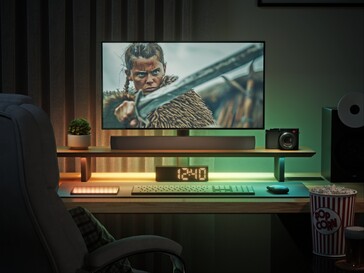 Inteligentny stojak na monitor LED z oświetleniem otoczenia do oglądania filmów.