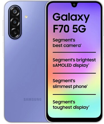 Samsung Galaxy F70 5G w kolorze fioletowym, pokazany z przodu i z tyłu