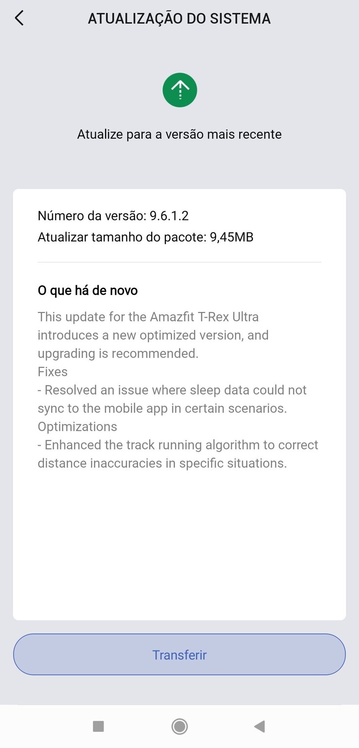 Informacje o wydaniu oprogramowania układowego w wersji 9.6.1.2 dla Amazfit T-Rex Ultra. (Źródło obrazu: José Manuel Santos za pośrednictwem Facebooka)