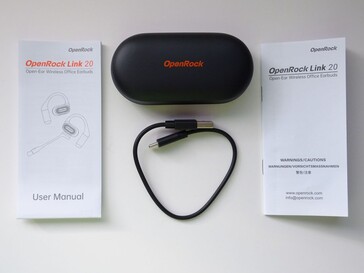 Zawartość - słuchawki OpenRock Link 20 w etui ładującym, kabel USB-C do ładowania i dokumentacja. (Źródło obrazu: Notebookcheck)