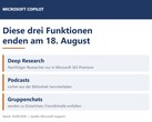 Grafika przedstawiająca trzy funkcje Copilot: Deep Research, Podcasty oraz czaty grupowe, których dostępność wygasa 18 sierpnia 2026 r.