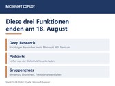 Grafika przedstawiająca trzy funkcje Copilot: Deep Research, Podcasty oraz czaty grupowe, których dostępność wygasa 18 sierpnia 2026 r.