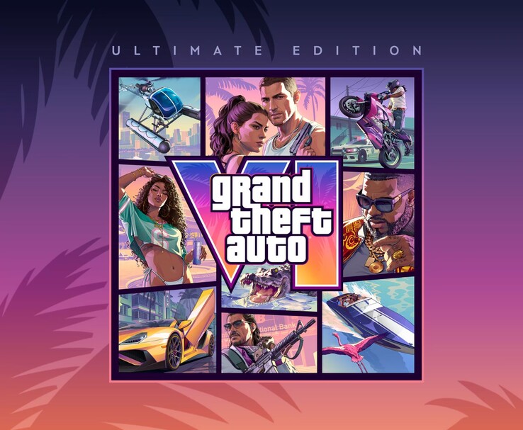 Grafika edycji Ultimate Grand Theft Auto VI z postaciami z GTA 6, pojazdami i logo gry.