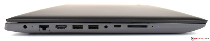 lewy bok: gniazdo zasilania, kontrolka stanu, LAN, HDMI, 2 USB typu A, gniazdo audio, USB 3.1 Gen 1 (typu C), czytnik kart pamięci, przycisk Novo, kontrolka stanu