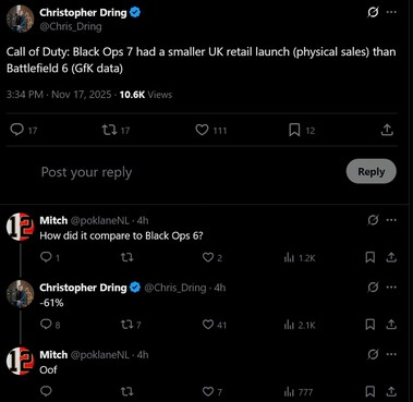 Sprzedaż Call of Duty: Black Ops 7 w Wielkiej Brytanii (źródło obrazu: zrzut ekranu, konto Christopher Dring X)