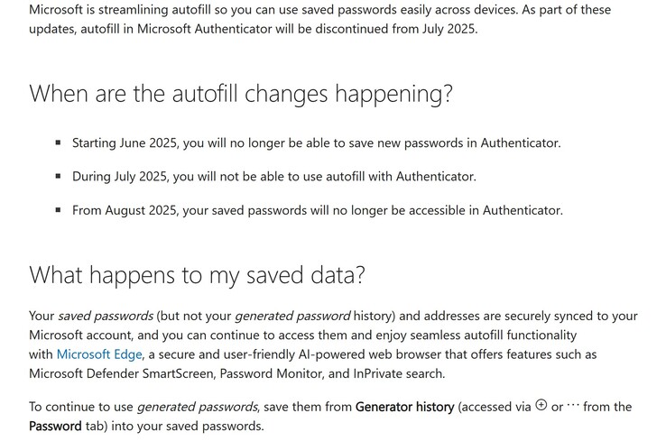 Zrzut ekranu przedstawiający zmiany w przechowywaniu haseł Microsoft Authenticator. (Źródło obrazu: Microsoft)
