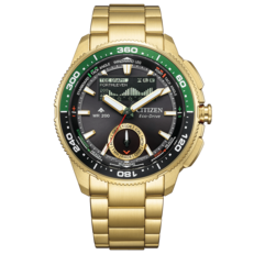 Zdjęcie produktu Citizen Promaster Wave Tracker JV3002-51E w kolorze złotym z zielonymi akcentami na pasku i bransoletą ze stali nierdzewnej.