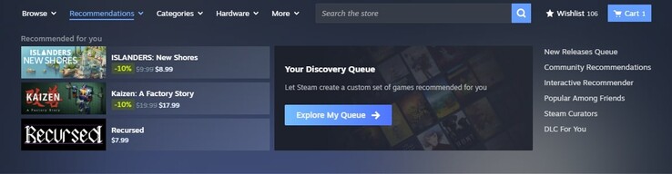 Nowy obszar rekomendacji opiera się na czynnikach takich jak czas gry, poprzednie zakupy i rekomendacje znajomych. (Źródło obrazu: Steam)