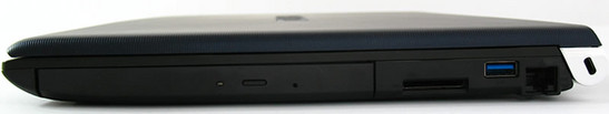 prawy bok: napęd optyczny, czytnik kart pamięci, USB 3.0, LAN, gniazdo blokady Kensingtona
