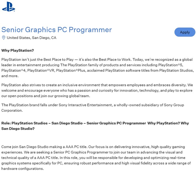Wyświetlono ogłoszenie o pracę w Sony San Diego Studio (źródło obrazu: zrzut ekranu, Greenhouse)