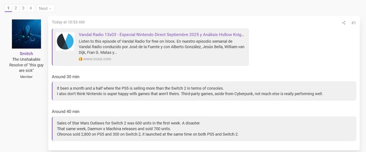 Sprzedaż konsol Switch 2 i PS5 w Hiszpanii z podcastu Vandal (źródło obrazu: zrzut ekranu, fora Smitch@ResetEra)