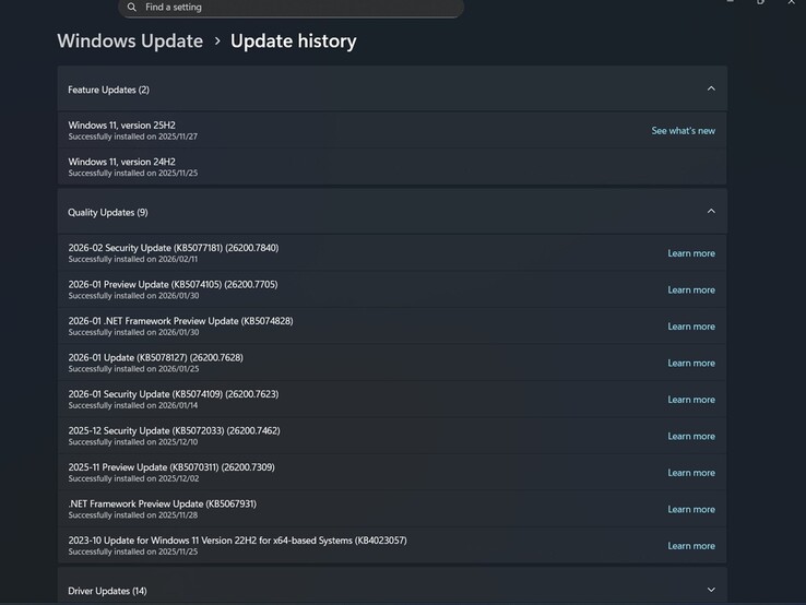 Historia aktualizacji systemu Windows na Lenovo LOQ 16IRH8