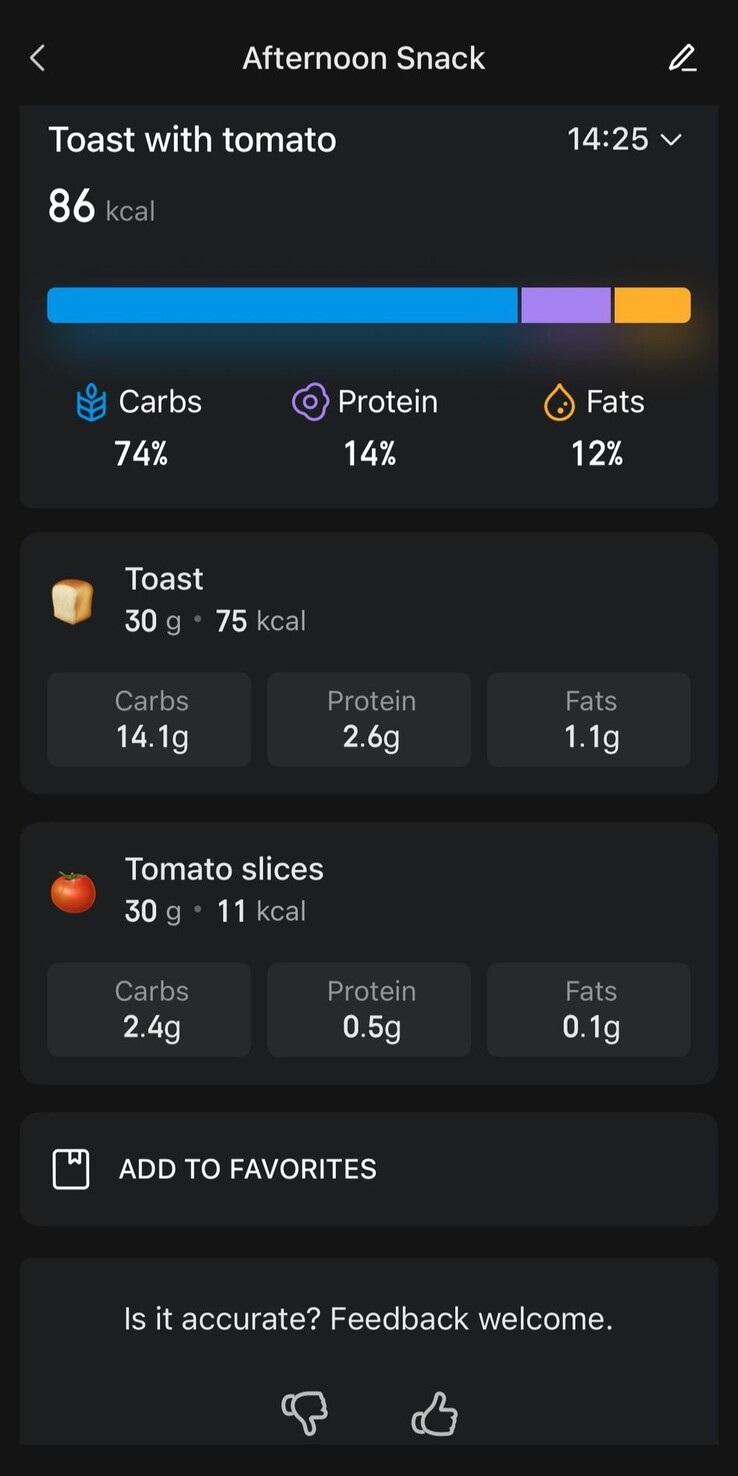 Zrzut ekranu zaktualizowanej funkcji dziennika żywności w aplikacji Zepp. (Źródło obrazu: Zepp App)