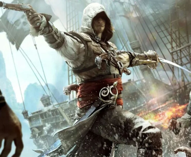 Edward Kenway w Assassin's Creed IV: Black Flag dzierży miecz i pistolet podczas walki na morzu (źródło obrazu: Ubisoft)