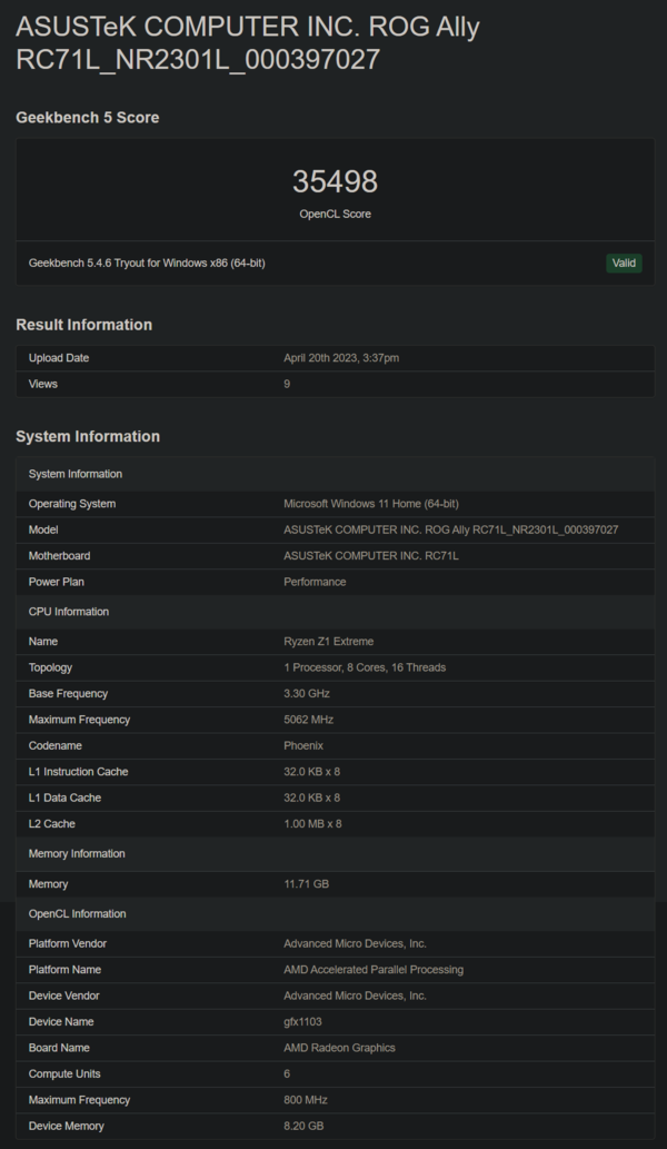 Asus ROG Ally w Geekbench (image via Geekbench)