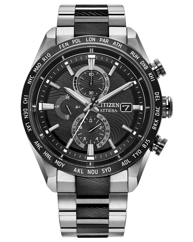 Tarcza wyróżnia się aplikowanymi znacznikami, potrójnymi tarczami pomocniczymi i globalnymi oznaczeniami stref czasowych wokół lunety.