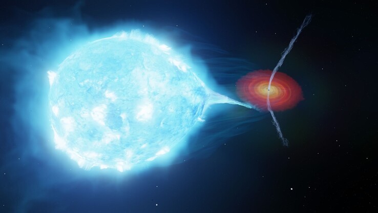 Ilustracja przedstawiająca system Cygnus X-1.