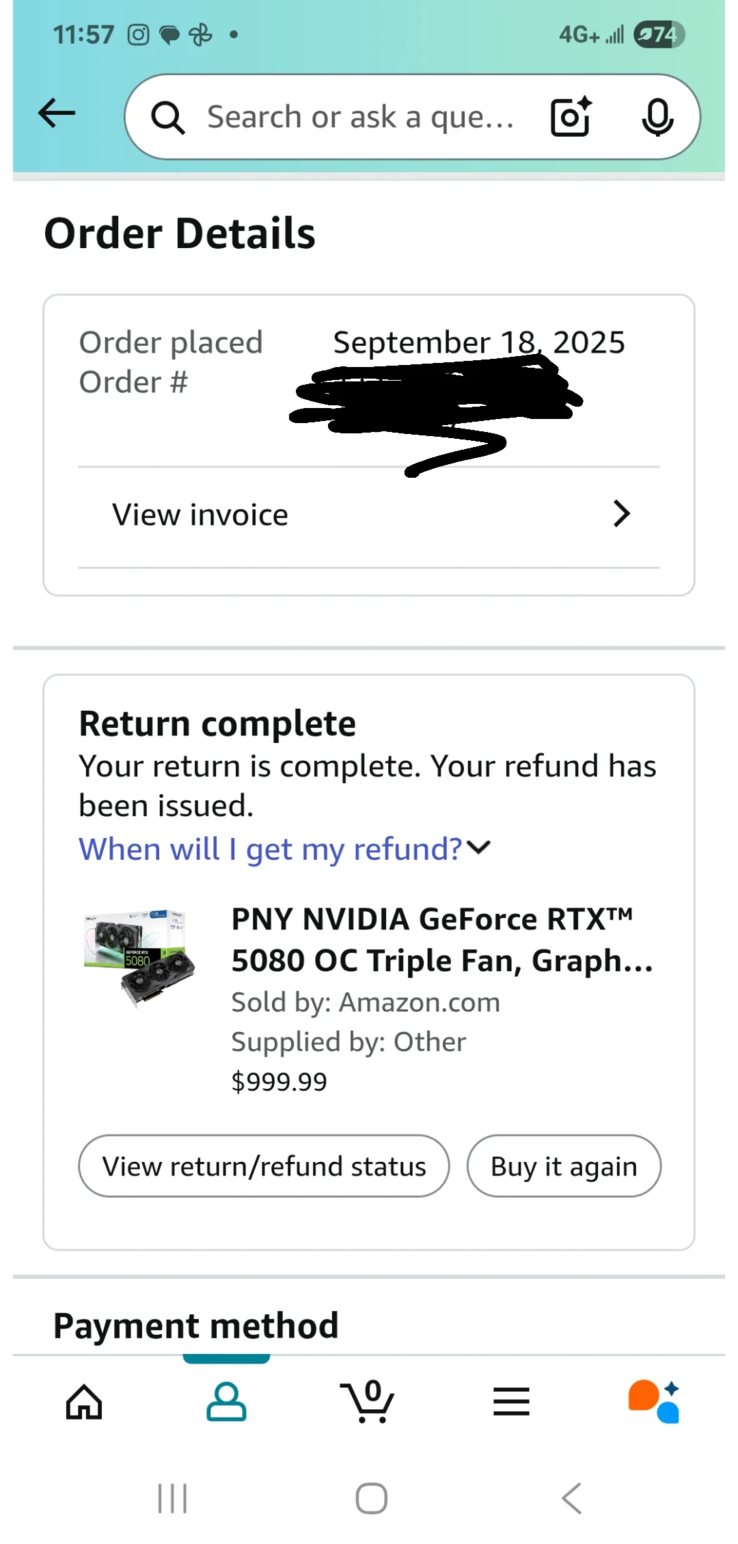 Zrzut ekranu z udanego zwrotu Amazon (źródło obrazu: r/pcmasterrace)