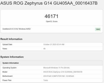 Wynik Intel Panther Lake iGPU OpenCL w Geekbench (najgorszy wynik). (Źródło obrazu: Geekbench)