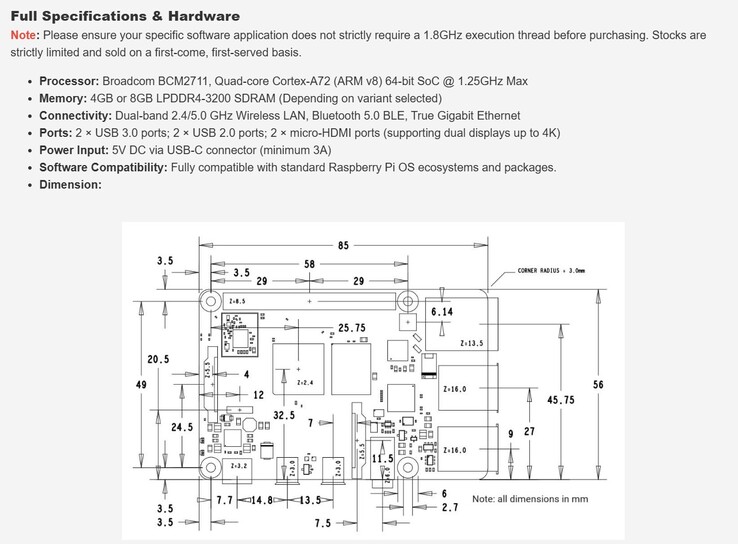 Dane techniczne egzemplarza Pi 4 Model B z serii „binned”