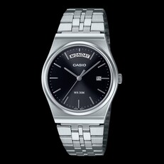 Zegarek Casio MTP-B146D-1AV ze stali nierdzewnej z czarną tarczą o wykończeniu typu „sunburst” i srebrną bransoletą,