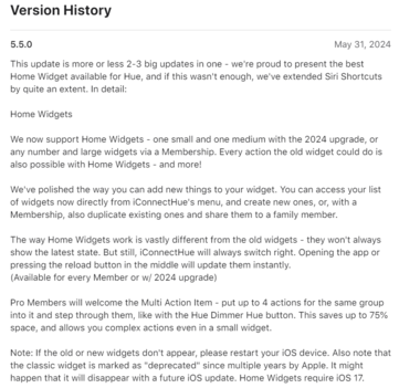 Informacje o wersji 5.5.0 aplikacji iConnectHue dla Philips Hue. (Źródło obrazu: App Store)