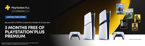 Nabywcy, którzy kupią i aktywują PS5 Pro lub PS5 od teraz do 21 października, otrzymają 3 miesiące PlayStation Plus Premium. (Źródło obrazu: PlayStation)
