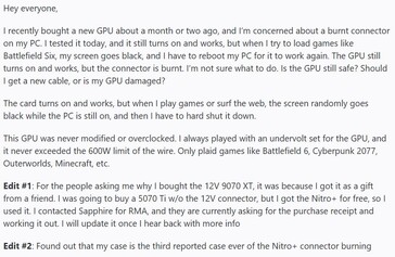 Awaria złącza Sapphire Nitro RX 9070 XT 12VHPWR. (Źródło obrazu: r/pcmasterrace na Reddit)