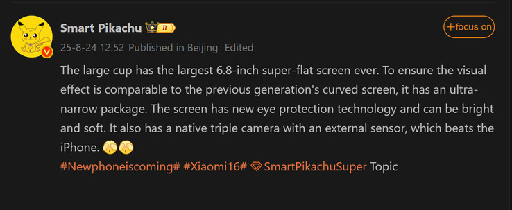 Raport Smart Pikachu na temat Xiaomi 16 Pro (źródło obrazu: Weibo - przetłumaczone maszynowo)