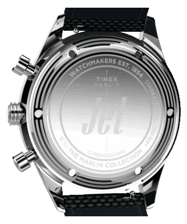 Widok zegarka Timex Marlin Jet Chronograph od tyłu, ukazujący dekiel ze stali nierdzewnej