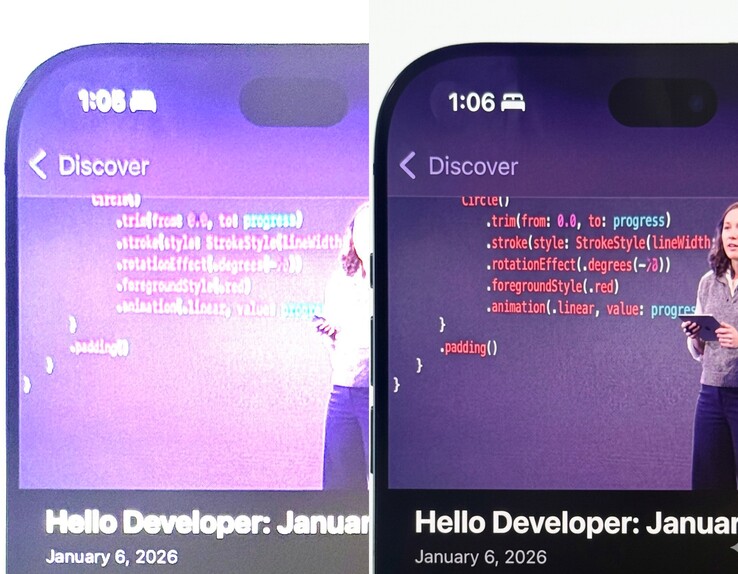 Domniemany przeciek prototypu iPhone'a 18 Pro (po lewej) pasuje do ostatnich przecieków o mniejszej wyspie Dynamic Island - mimo to proszę przyjąć to z dozą sceptycyzmu.