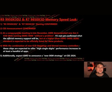 Slajd z filmu Moore's Law Is Dead podsumowujący przecieki na temat procesorów AMD Zen 5 X3D, w tym doniesienia o testach pamięci DDR5-9800 i planach na CES 2026 (źródło obrazu: Moore's Law Is Dead / YouTube)
