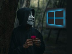 Osoba w masce Guya Fawkesa patrząca na logo Windows (źródło zdjęcia: Peakpx i Ahmed Zayan via Unsplash; edytowane)