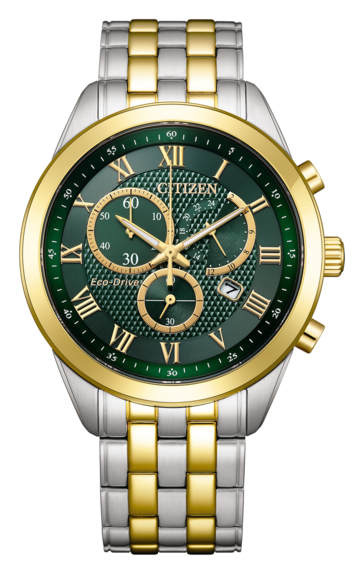 Chronograf Citizen AT2604-56X z mechanizmem Eco-Drive, wyposażony w szmaragdowozieloną tarczę o fakturze, złocistą ramkę z rzymskimi cyframi oraz dwukolorową bransoletę ze stali nierdzewnej.