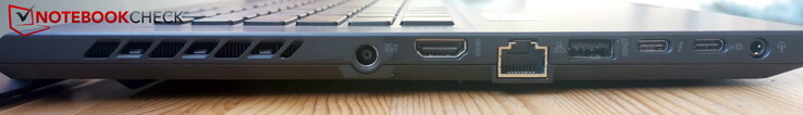Po lewej: AC, HDMI 2.1 TMDS, GigabitLAN, USB-A 3.2 Gen2, USB-C/Thunderbolt 4 (w tym DP i PD), USB-C 3.2 Gen2 (w tym DP i PD), port słuchawkowy