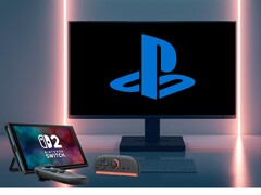Switch 2 obok monitora PC z logo PlayStation (źródło zdjęcia: Nintendo of America, Sony PlayStation z poprawkami)