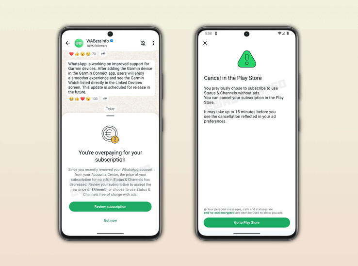 Zrzuty ekranu z WABetaInfo pokazują cenę subskrypcji w wysokości 4 euro miesięcznie (źródło obrazu: WABetaInfo)