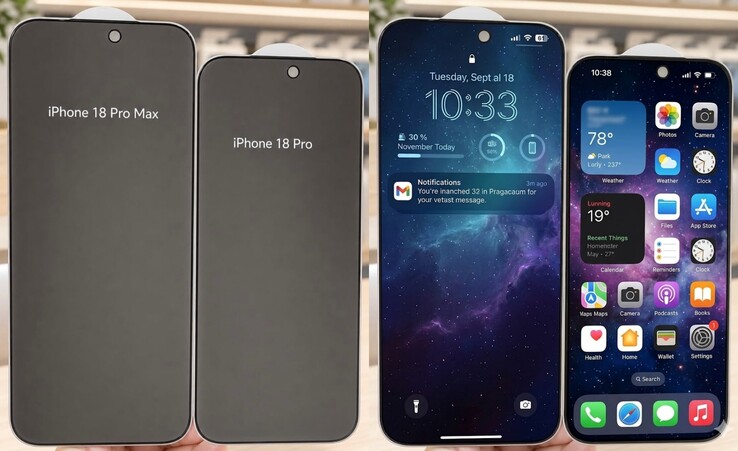 Wyciekłe ochraniacze ekranu z serii iPhone 18 Pro (po lewej) wyglądają na wyższe niż ich odpowiedniki z serii iPhone 17 Pro. Przeciek / plotka o wyższym współczynniku proporcji wyświetlacza nie została jeszcze potwierdzona przez inne źródła.