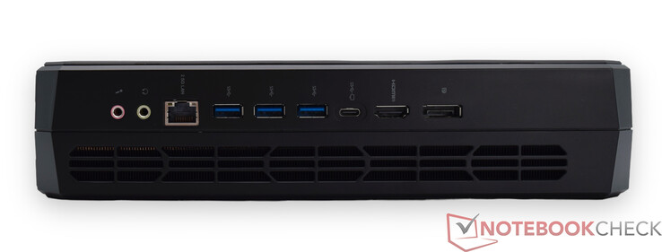 Tył: Wejście mikrofonowe, wyjście liniowe, RJ45 2.5G, 3x USB 3.2 Gen2 Type-A, port USB 3.2 Gen2 Type-C (Alt Data i DP), HDMI 2.1, DisplayPort 2.0