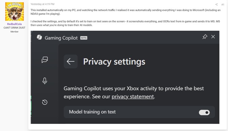 Wątpliwości dotyczące prywatności Gaming Copilot (źródło obrazu: zrzut ekranu, fora RedbullCola@ResetEra)