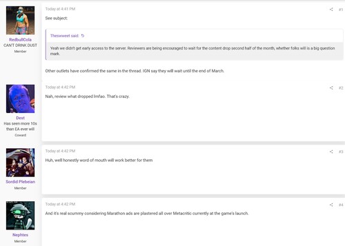 Post na forum ResetEra dotyczący opóźnienia recenzji Marathonu