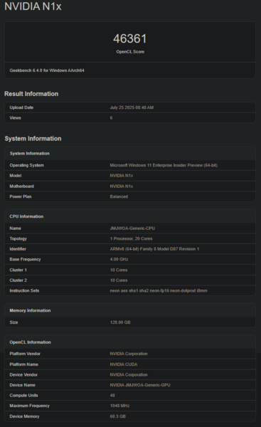 Wydajność GPU Nvidia N1X w Geekbench (źródło obrazu: Geekbench)
