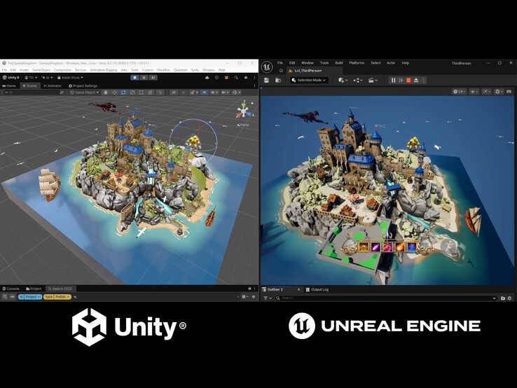 Wersja demonstracyjna porównuje projekt „Fantasy Kingdom” uruchomiony w edytorze Unity z wersją wyrenderowaną przez silnik Unreal Engine.