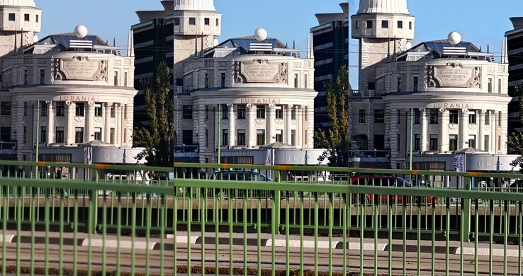 porównanie kadrowania z 10-krotnym zoomem: Po lewej: Oppo z zewnętrznym obiektywem. Środek: Vivo bez zewnętrznego obiektywu. Po prawej: Oppo bez zewnętrznego obiektywu.