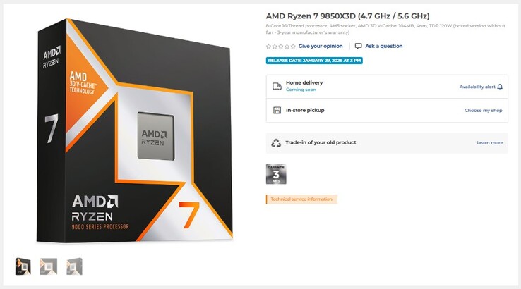 Zestawienie Ryzen 7 9850X3D. (Źródło obrazu: LDLC)