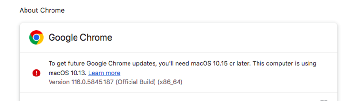 Chrome 116 (na zdjęciu) to najnowsza wersja Chrome dostępna dla macOS 10.13 i choć na razie działa całkiem dobrze, nie wiadomo, jak długo to potrwa. (Źródło obrazu: Zrzut ekranu - Notebookcheck)