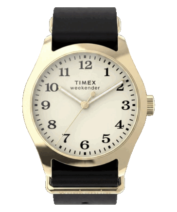 Model Timex Weekender New England TW2Y86600 z kopertą o średnicy 34 mm w kolorze złotym, kremową tarczą i czarnym skórzanym paskiem.