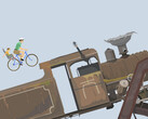 Rozgrywka w grze „Happy Wheels”, przedstawiająca ojca i dziecko jadących na rowerze w kierunku dużej lokomotywy na torze przeszkód stworzonym przez użytkownika.