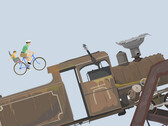 Rozgrywka w grze „Happy Wheels”, przedstawiająca ojca i dziecko jadących na rowerze w kierunku dużej lokomotywy na torze przeszkód stworzonym przez użytkownika.